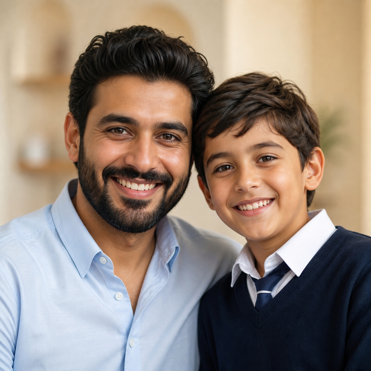 A smiling father and school-age son