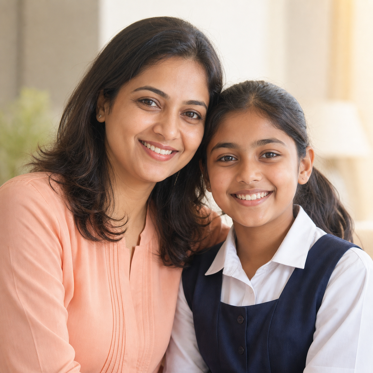 A smiling mother and school-age daughter