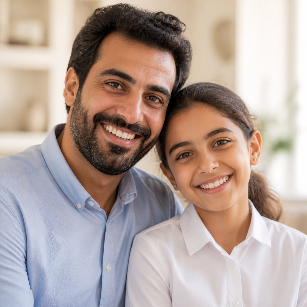 A smiling father and school-age daughter